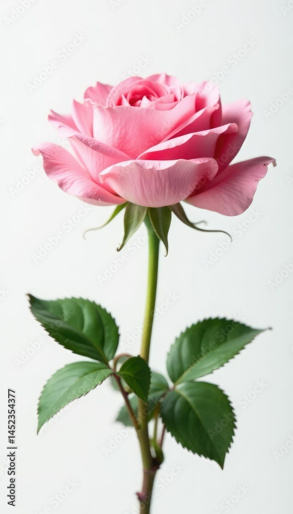 Fototapeta premium Single rose in full bloom against white background, blossom, pink