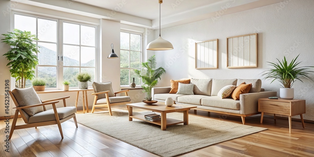 Fototapeta premium Modern Minimalist Living Room: Wooden Furniture & Natural Light