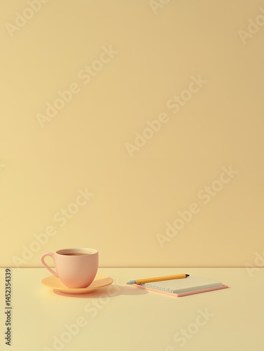 A pink cup of coffee with a yellow pencil and notepad on a yellow table against a yellow background