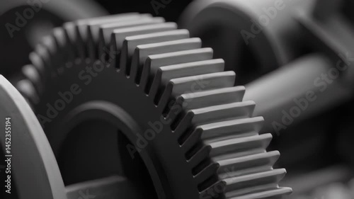 Detailed Close Up of Interlocking Metal Gears in Monochrome Industrial Setting