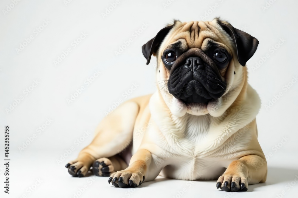 Solo pug, relaxed pose, against pure white backdrop, animal photography, dog breed Solo pug, relaxed pose, against pure white backdrop, animal photography, dog breed