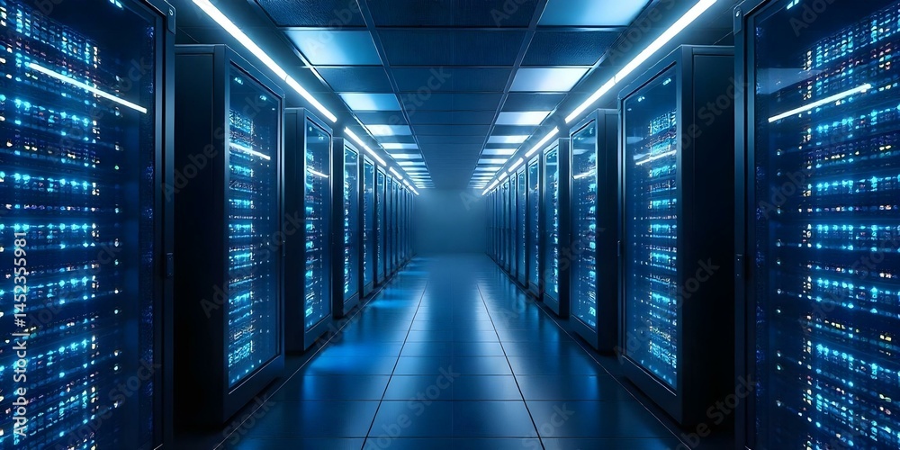 Fototapeta premium Server room with rows of computer towers, blue lights, grid floor, dark background, digital landscape, futuristic technology, data center, network infrastructure, 