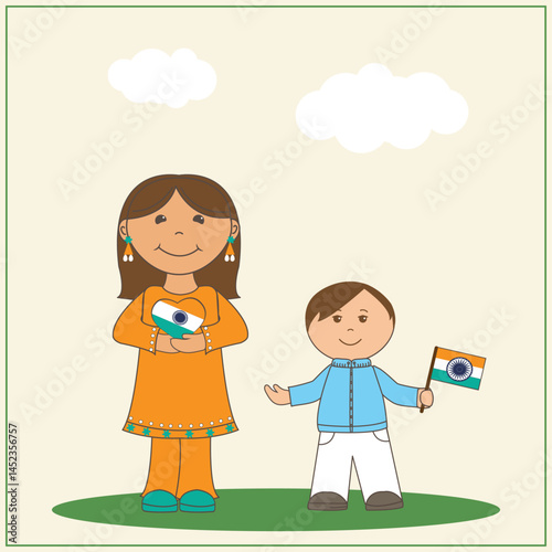 Children girl and boy holding indian flag vector on light background with clouds, indian independence day, girl in national costume