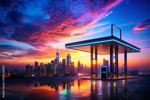 Neon Gas Station Dusk Double Exposure Stock Photo