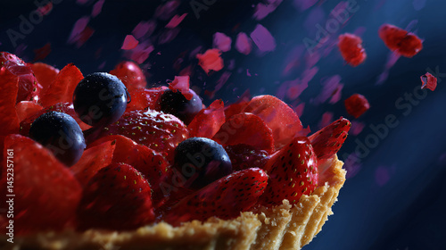 A close up of a delicious tart, topped with strawberry and blueberry, with floating yield pieces adding oomph photo