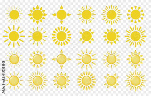 A large set of sun symbols on a transparent background. Sun-shaped logos. Vector EPS 10