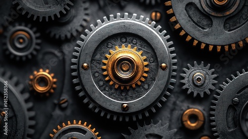 Intricate Gear Mechanism: A Close-Up of Metal Gears Interlocking in a Complex System