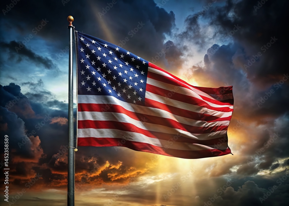 Obraz premium Night Photography: USA Flag Background, Stars and Stripes Illuminated at Night