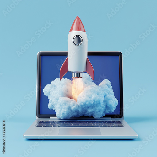 3D rocket missile launching on a Laptop screen blue background technology concept. . Tech innovation concept. Futuristic design. Digital illustration. white smoke rising in the air with rocket launch