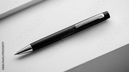 Obraz na płótnie Classic black ballpoint pen with silver clip, placed diagonally on white matte surface, sharp top-down view with subtle shadows. Created Using: professional studio lighting, minimalist office style, w salonie