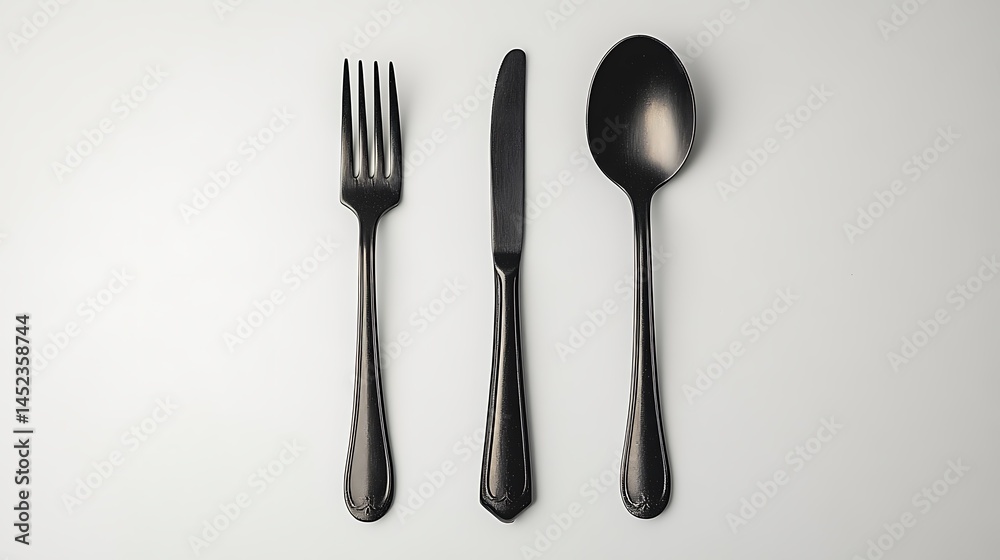 Classic spoon and fork in brushed steel finish, side by side on a pure white surface, photographed from a slight overhead angle. Created Using: matte texture finish, studio photography lens, Classic spoon and fork in brushed steel finish, side by side on a pure white surface, photographed from a slight overhead angle. Created Using: matte texture finish, studio photography lens,