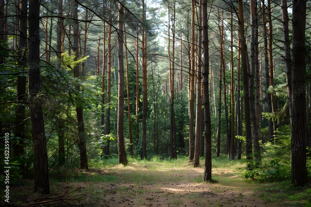 Fototapeta premium Sunlight Filters Through Tall Pine Trees in a Serene Forest Path, Creating a Magical Atmosphere with Lush Undergrowth and Soft Ground, Exploring Nature's Beauty and Tranquility.