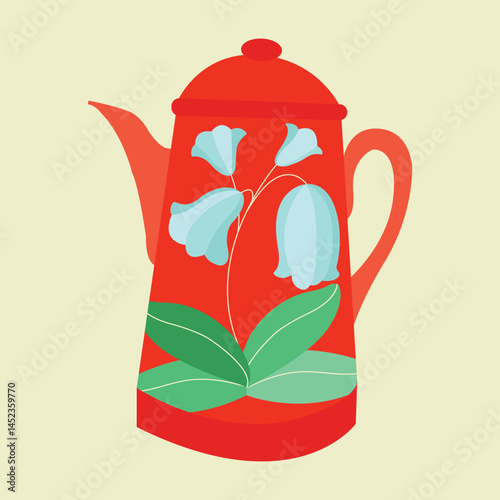 Coffee Pot with Flower Illustration Retro Vintage Style