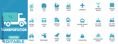 Premium editable transportation vector icons for urban planning, logistics, and apps. Clean, scalable, and modern design for versatile use