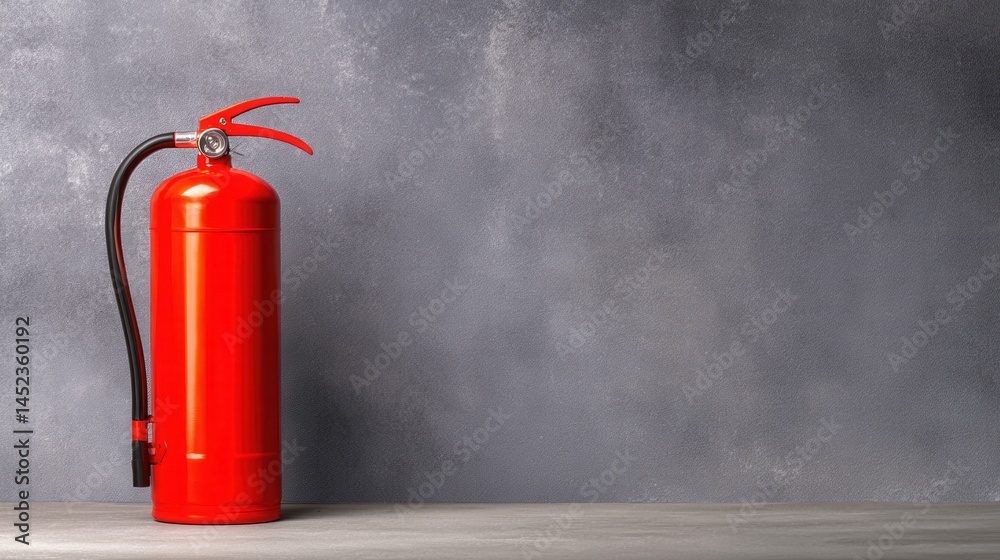 Obraz premium Bright red fire extinguisher placed against a textured gray wall, emphasizing safety equipment
