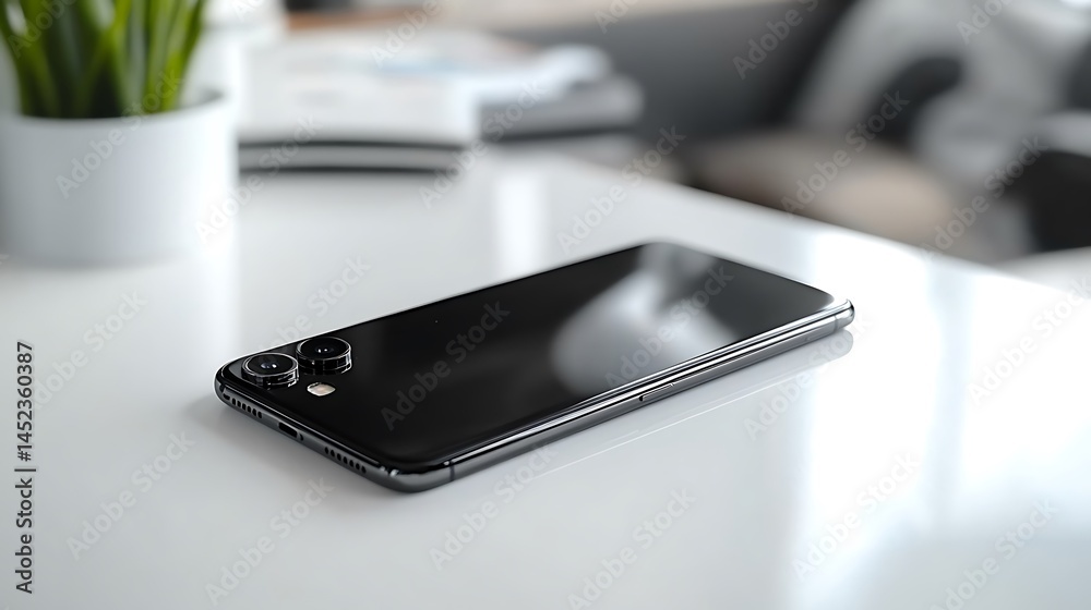 Matte black smartphone with silver buttons, placed on a clean white tabletop, photographed from a slightly raised top-down perspective. Created Using: lifestyle tech photo style, Matte black smartphone with silver buttons, placed on a clean white tabletop, photographed from a slightly raised top-down perspective. Created Using: lifestyle tech photo style,