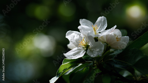 A close up of a livid apple tree blossom, exquisitely framed by green leaves against a blurred background.