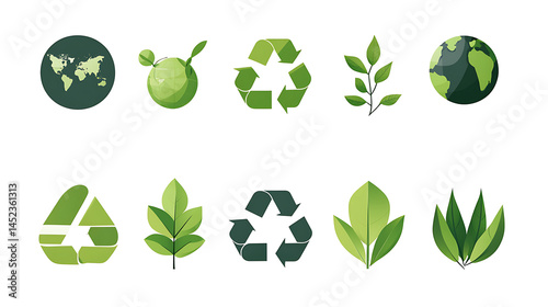 Environmental sustainability icons such as leaves, recycling symbols, and globes on transparent background 