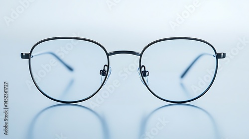Sleek titanium reading glasses with thin frame, centered on a glossy white surface, top view with faint reflection beneath. Created Using: premium eyewear styling, luxury accessory shoot,