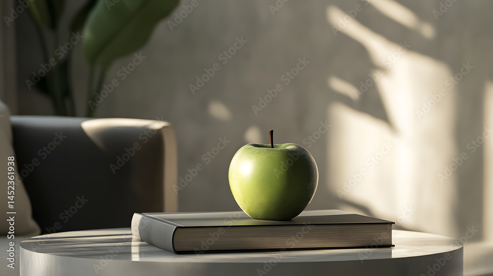 Dark green apple on modern hardcover book placed neatly on smooth table in softly lit room with simple decor, evoking stillness, learning, and minimal living in calm interior