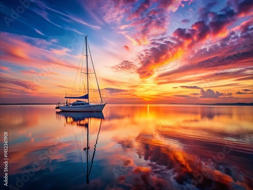 Panoramic Pink Sky, White Sailboat, Calm Water - Serenity at Dawn