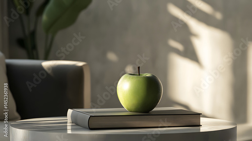 Obraz na płótnie Dark green apple on modern hardcover book placed neatly on smooth table in softly lit room with simple decor, evoking stillness, learning, and minimal living in calm interior w salonie