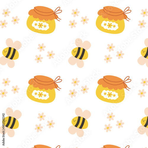 Cute seamless pattern with honey jars, bees and soft flowers on white. Flat childrens style for textile, product packaging, wallpaper and gift wrap.