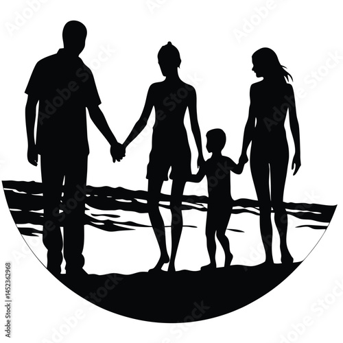 Family Silhouette Walking on Beach, Vector Art, Parents and Children Together