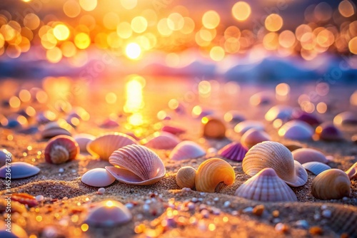 Pearlescent Seashells on Beach, Soft Bokeh Background - Stock Photo