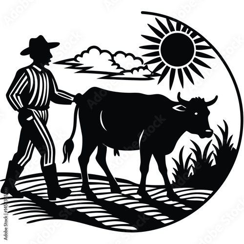 Black and White Silhouette of Farmer Plowing Field with Ox Under Sunny Sky Art