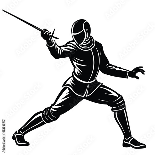 Fencer in Action Silhouette: Fencing Sport, Athlete with Foil Sword, Black and White