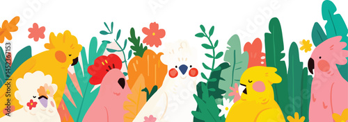 A whimsical, colorful illustration of several parrots nestled among vibrant tropical flora. The artwork evokes a sense of playfulness and celebrates the beauty of nature.