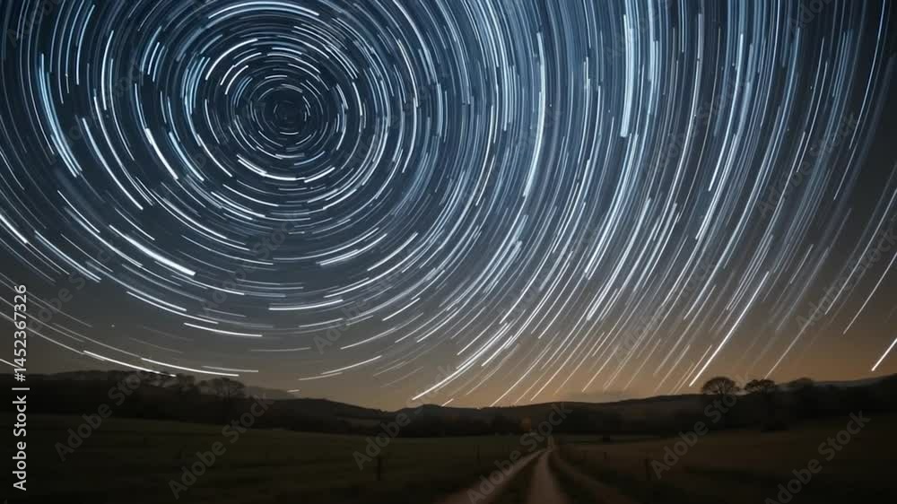 Star trails spiral night sky over rural landscape