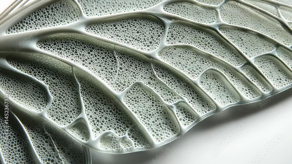 A macro of a white 3D-printed model of a butterfly wing structure, showing veins and scales in detail.