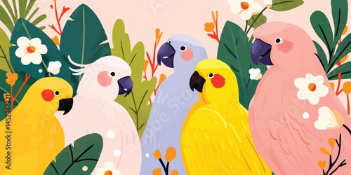 A gathering of vibrant parrots in a whimsical illustrated, featuring a variety of colorful birds amidst lush flora, symbolizing biodiversity and the beauty of the natural world.