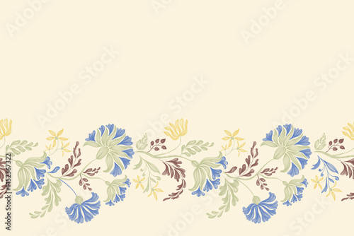 Blue floral pattern vintage ethnic modern tapestry embroidery texture boho design vector illustration hand drawn silhouette indigo flower motif branches leaves wallpaper seamless background border.