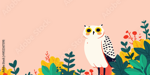 An illustrated owl perches amid vibrant floral embellishments, a charming design that infuses a soft pastel backdrop with an inviting essence.