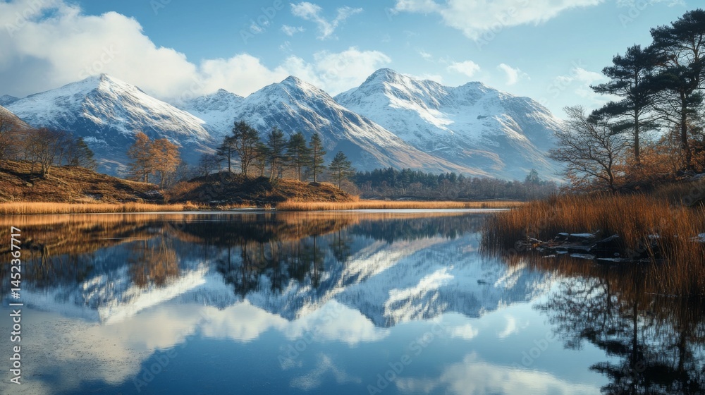 Fototapeta premium A stunning landscape showcasing majestic mountains and a tranquil lake. The reflections enhance the beauty of nature. Experience serene moments in the great outdoors. Generative AI