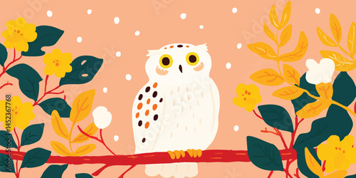 Cute snowy owl perched on a branch, surrounded by autumn leaves and flowers. 