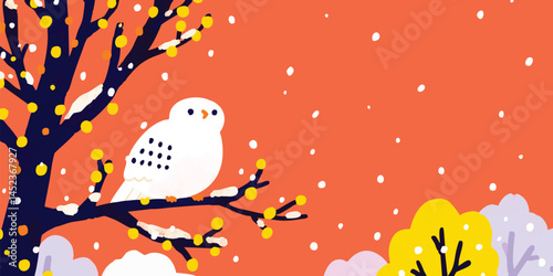 Snowy owl perched on a snow-covered branch in winter.