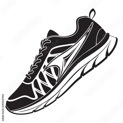 Black and white running shoe illustration for athletic footwear and sports equipment design projects online isolated on transparent background