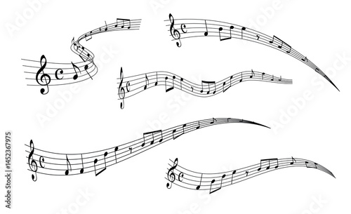 Vector set of musical notes in decorative wavy patterns isolated on white background	

