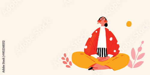A tranquil individual engages in mindful meditation, sitting in a yoga pose, embracing inner peace, tranquility, and serenity amidst a serene setting. 