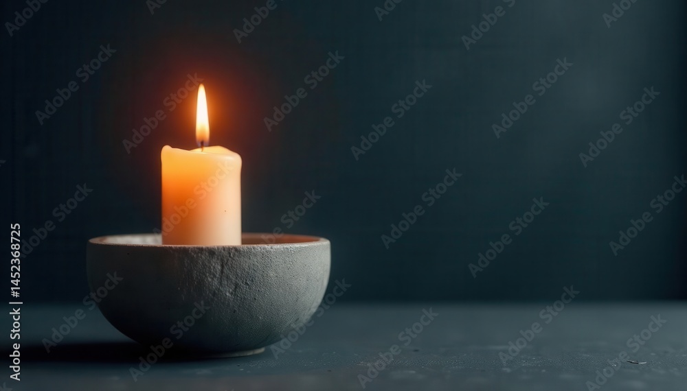 A single flickering candle in a rough concrete container, dark backdrop , image, photography, warm light A single flickering candle in a rough concrete container, dark backdrop , image, photography, warm light