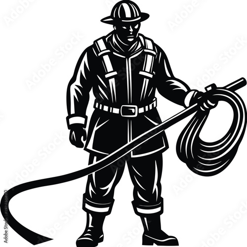 Firefighter Holding Hose Black and White Vector Illustration Fireman Hero