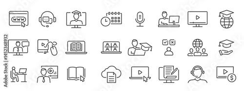 Line icons illustrating remote education concepts