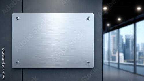 A blank metal plaque mounted on a dark wall inside a modern office with large windows and city views.