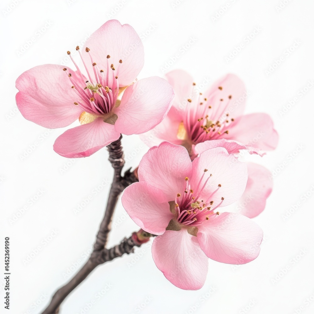 Naklejka premium Pink almond blossoms on a branch isolated on white background