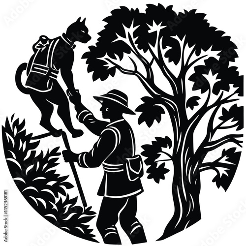 Black and White Woodcut Illustration: Hiker Helping Cat with Backpack in Tree