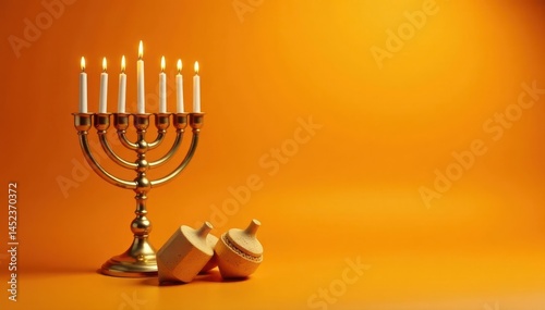 Golden menorah, dreidels, latkes, cookies on vibrant orange background , symbol, oil, potato pancakes